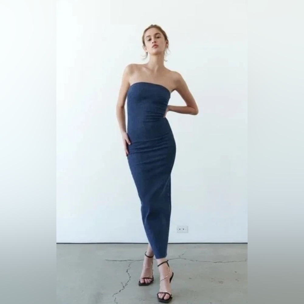 NWT ZARA FITTED DENIM DRESS Blue Stretch Denim Strapless Midi Dress Medium M $49